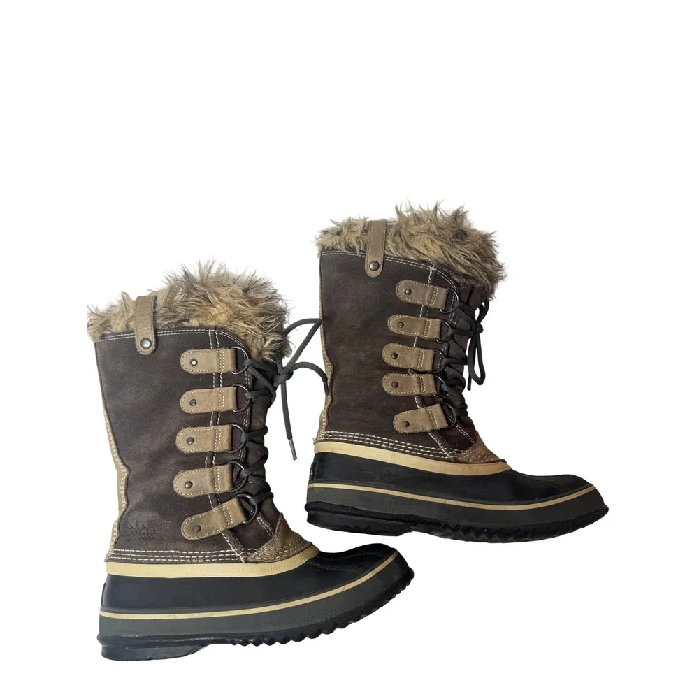 Sorel Joan of Arctic Brown Suede Waterproof Faux Fur Winter Snow Boots Womens.